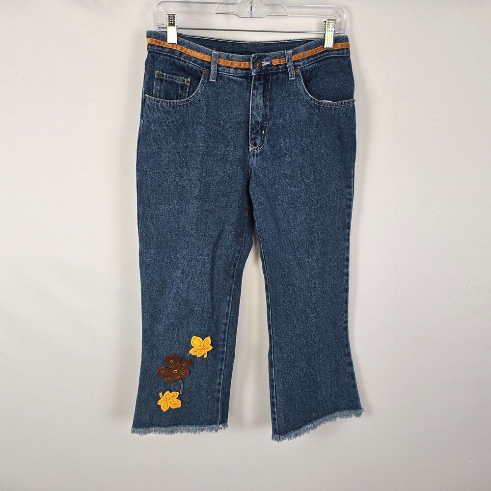S.L.A. Jeans Junior 7 8 / 30 Cut Off Floral Embroidery Straight Medium Wash Blue